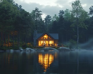 Fototapeta premium Nighttime view of a cozy lakeside cabin, warm dim lights inside, cabin featuring unexpected details, serene and inviting scene