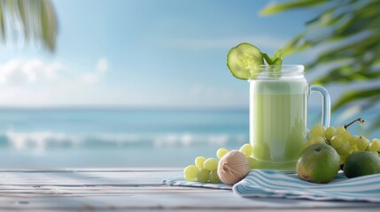 Vibrant beach setup with cucumber juice, tropical fruits, and a striped beach towel, creating a fresh and rejuvenating seaside atmosphere.
