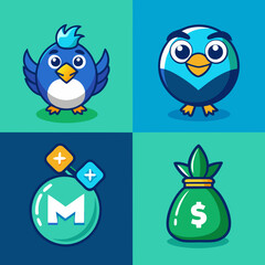 4 different cartoon-style logos for a blue bird mascot, a money bag logo, lettering with an M in the middle, a turquoise and green color scheme, a cute character design, a web3 game art style.