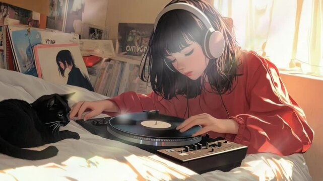 Lofi anime girl with permed bobbed hair and headphones playing vinyl records with cat