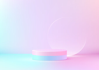 Minimal Pastel 3D Podium in Blue and Pink with Glass Backdrop, A Delicate and Ethereal Platform for Product Display, Creative Concepts, and Modern Artistic Mockup