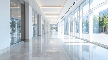 Fototapeta premium Bright Interior Corridor with Floor-to-Ceiling Windows