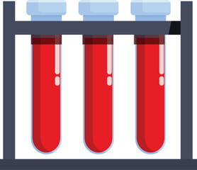 Medical test tubes filled with blood samples are holding on a stand in a medical laboratory