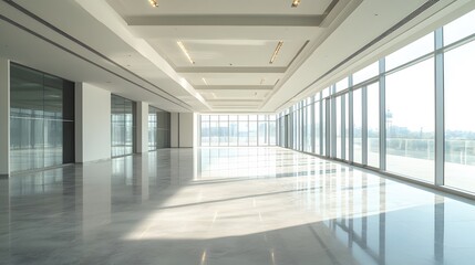 Fototapeta premium Empty Modern Office Hallway with Large Windows and Bright Lighting