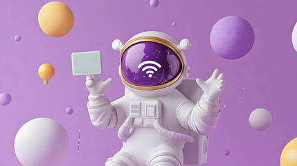Fototapeta premium Astronaut with WiFi Symbol and Tablet in Space