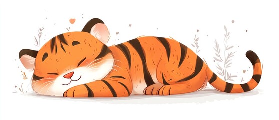 Fototapeta premium Very cute tiger in a doodling style, simple and minimalistic, cartoon illustration with an endearing charm