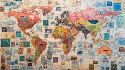 Naklejka premium Worldwide Connections: Global Map with Stamps Celebrating International Communication Networks