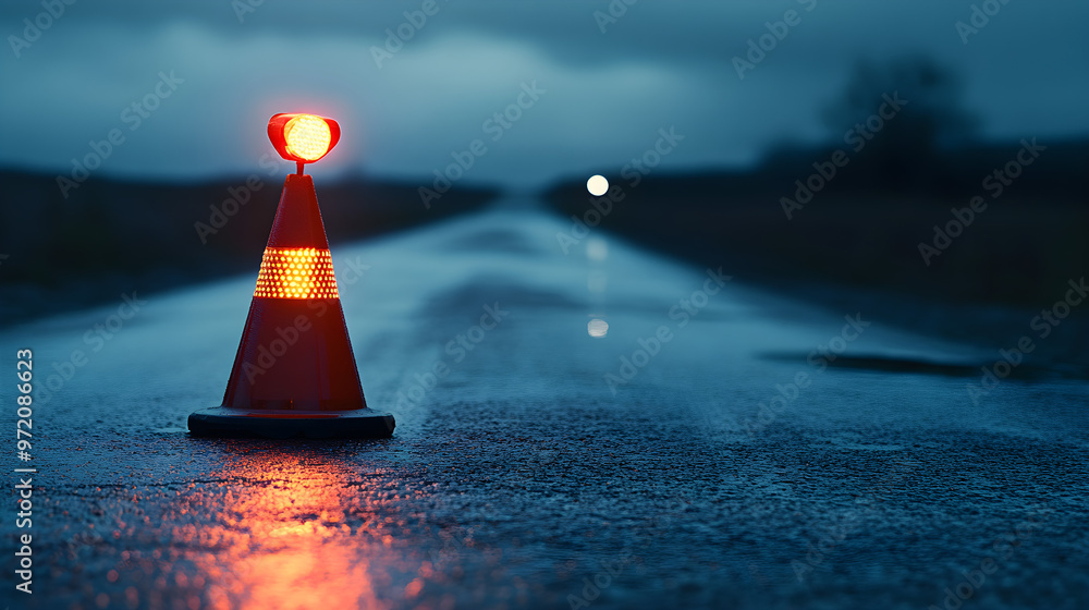 Poster a traffic cone in low light with a reflective warning light on top, creating a safety-focused image