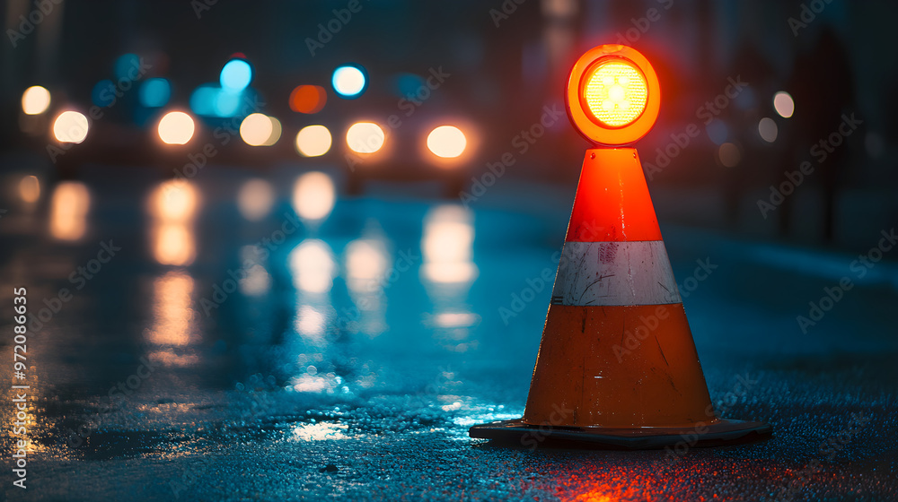 Aufkleber a traffic cone in low light with a reflective warning light on top, creating a safety-focused image