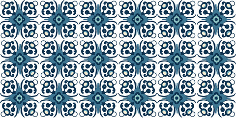 Blue beautiful floral oriental ornament hand drawn seamless geometric tile pattern surface design, tile