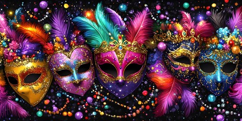 Colorful Carnival Masks with Feathers and Glitter