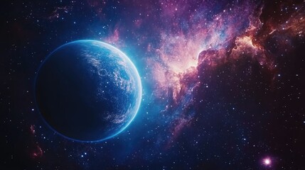 A vibrant blue planet with a glowing atmosphere surrounded by a star field and nebula, seen from space.