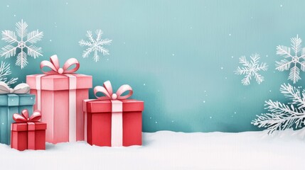 Colorful presents sit on a snowy background with snowflakes in watercolor style