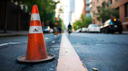 A traffic cone near a bike lane, representing caution for cyclists or temporary lane closures
