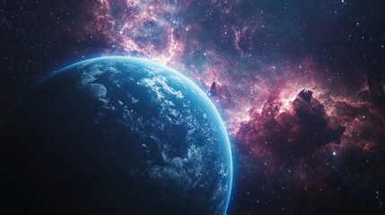 Fototapeta premium A blue planet with a red nebula in the background.