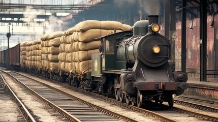 Naklejka premium Vintage Train Transporting Mail Sacks - Nostalgic Delivery of International Correspondence