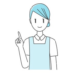 寒色系モノカラー・指さし・丁寧に説明をする歯科助手・歯科衛生士の女性スタッフ