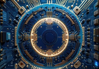 Fototapeta premium Circuit board computer, futuristic processor with a central purple core and surrounding circuitry.