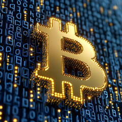 Golden Bitcoin Symbol on Binary Code Background