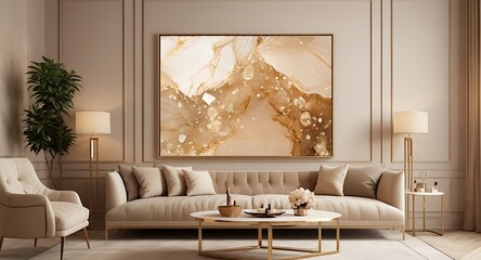 Elegant Living Room Decor with Beige Sofa, Gold Accents, and Abstract Art