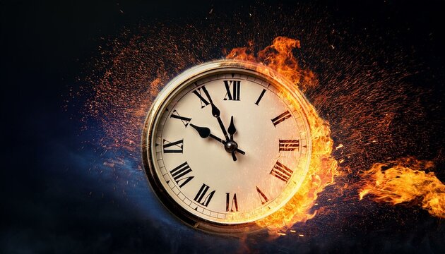 A clock is exploding and burning to show time is money concept; an alarm clock with roman numerals is in flame and burning against a dark background; action photography; concept art and imagination