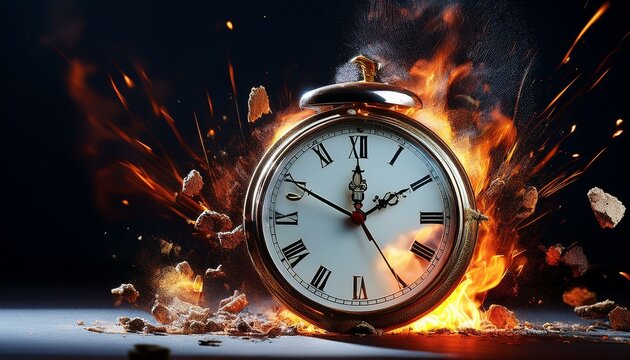 A clock is exploding and burning to show time is money concept; an alarm clock with roman numerals is in flame and burning against a dark background; action photography; concept art and imagination