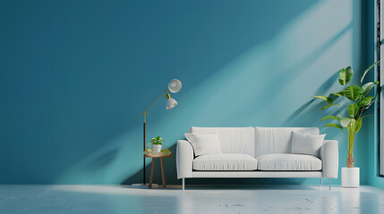 Minimal living room and blue wall texture background interior design 3d render. Generative Ai.