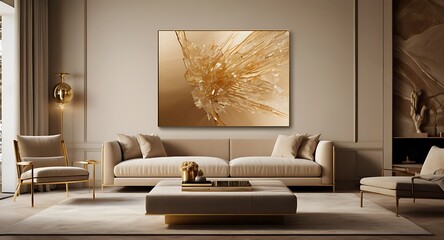 Golden Abstract Art Decorates Modern Living Room with Gold Accents