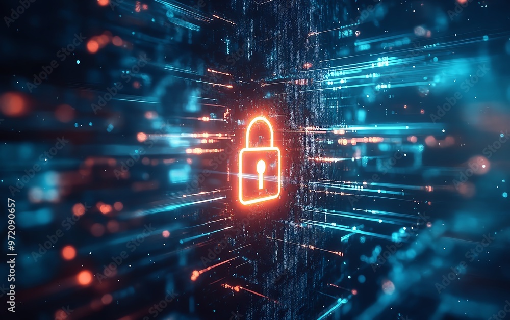 Aufkleber Abstract cyber security concept, glowing padlock icon in center, network data streams, dynamic lines on light blue background, futuristic style