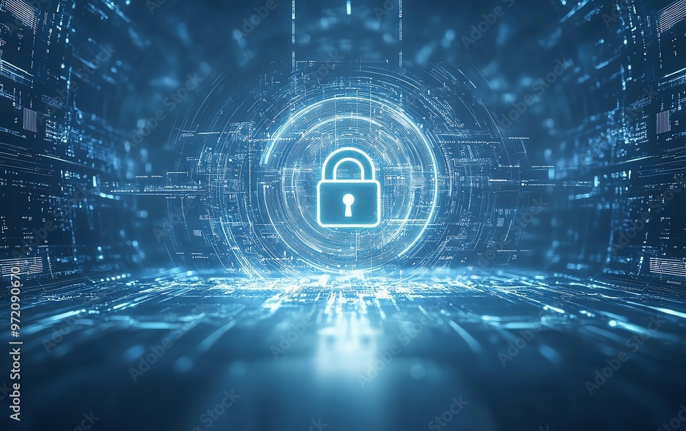Poster abstract cyber security concept, glowing padlock icon in center, network data streams, dynamic lines