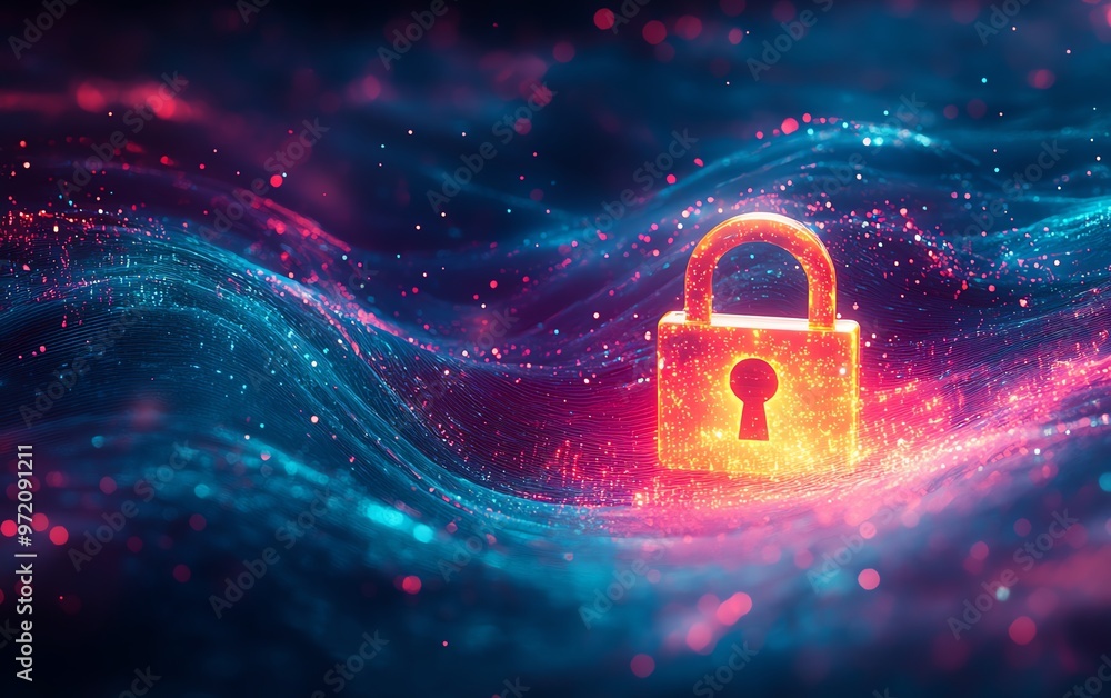 Aufkleber cyber protection image, glowing padlock symbol, intertwined data streams, vibrant dynamic lines, lig