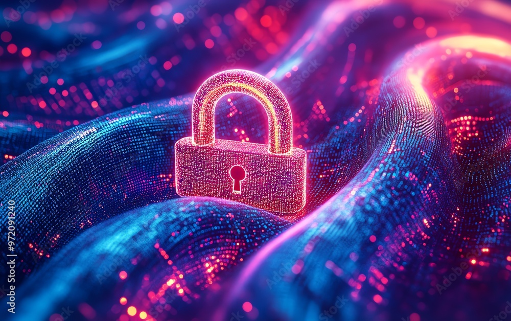 Poster cyber protection image, glowing padlock symbol, intertwined data streams, vibrant dynamic lines, lig