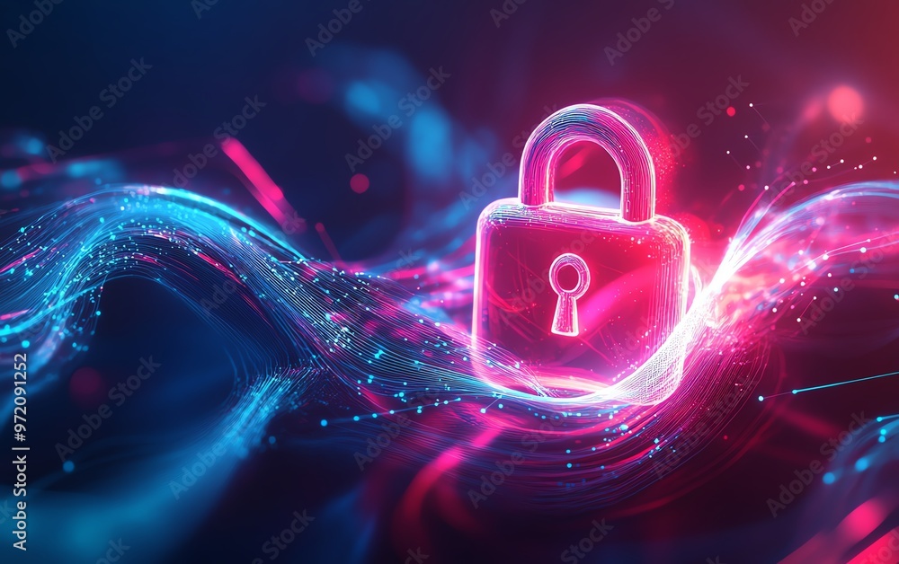 Aufkleber cyber protection image, glowing padlock symbol, intertwined data streams, vibrant dynamic lines, lig