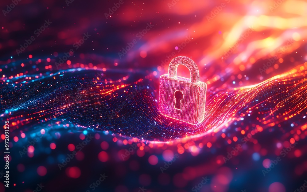 Poster cyber protection image, glowing padlock symbol, intertwined data streams, vibrant dynamic lines, lig