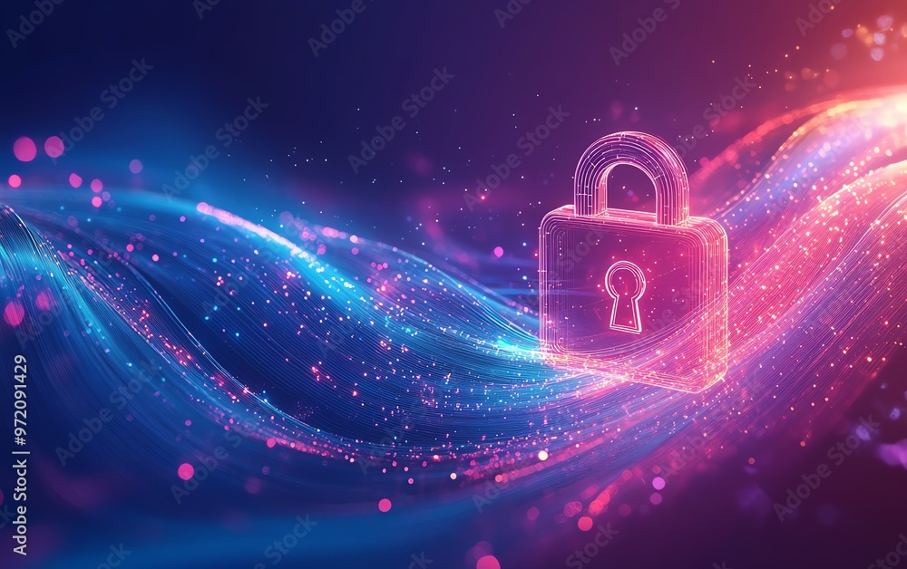 Poster cyber security visual, padlock icon in focus, data transmission waves, dynamic swirling lines, gradi
