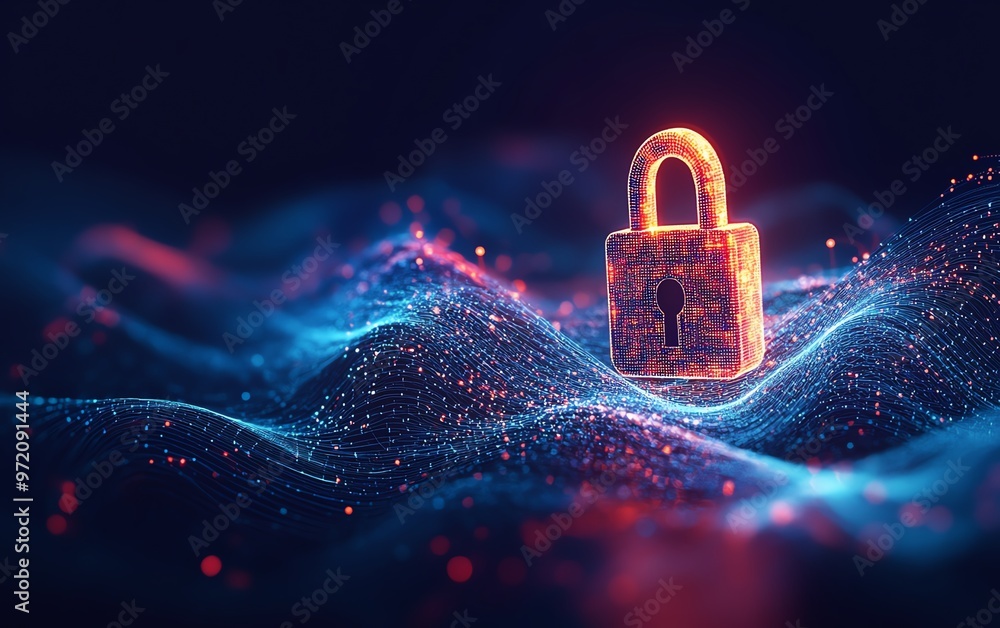 Poster cyber security visual, padlock icon in focus, data transmission waves, dynamic swirling lines, gradi