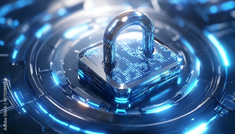 Poster cybersecurity illustration, metallic padlock with binary code, futuristic circular elements, blue an