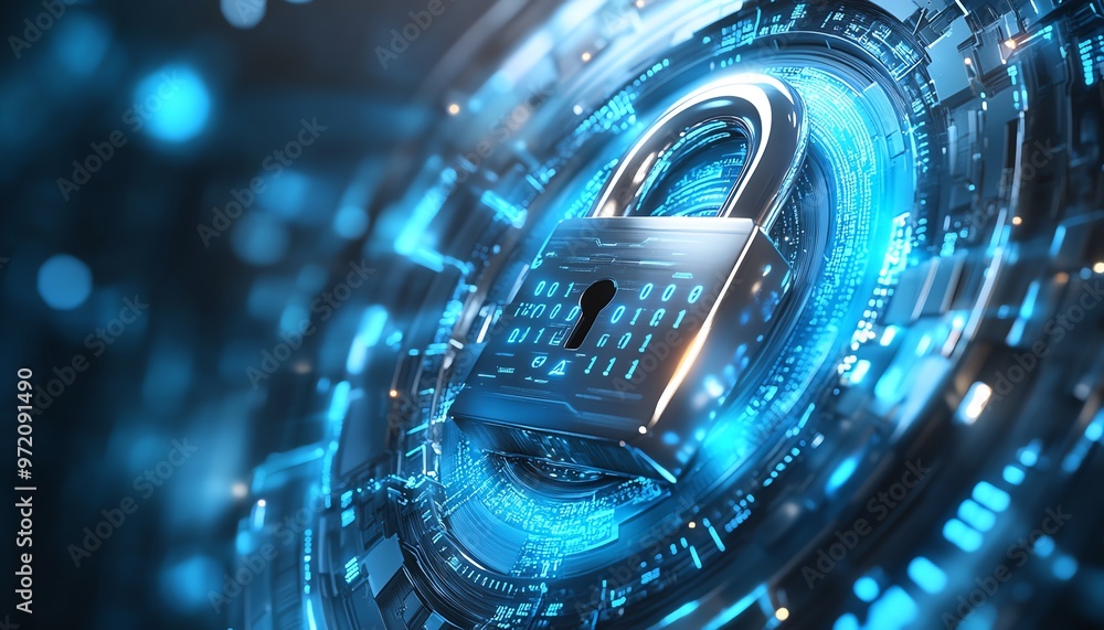 Poster cybersecurity illustration, metallic padlock with binary code, futuristic circular elements, blue an