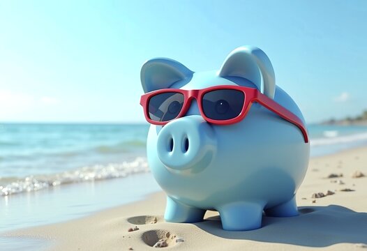 piggybank with red sunglasses on the beach