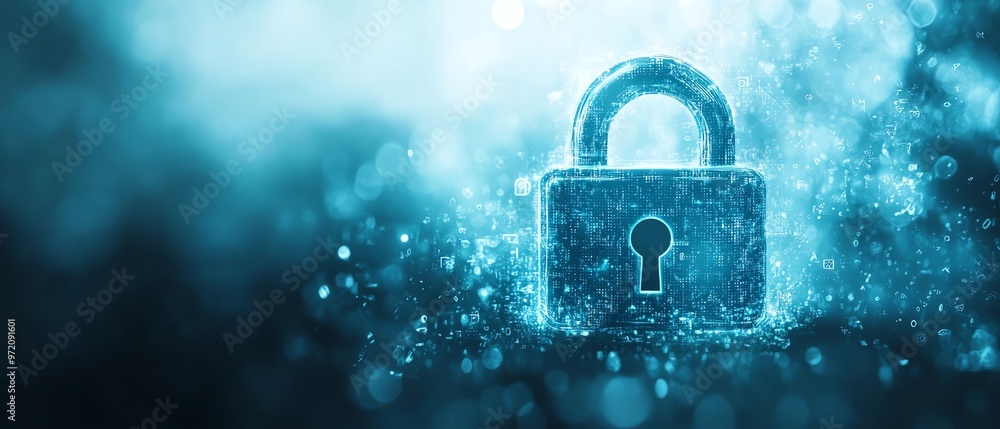 Poster cybersecurity padlock icon, digital binary stream, abstract futuristic circles, soft blue and white 