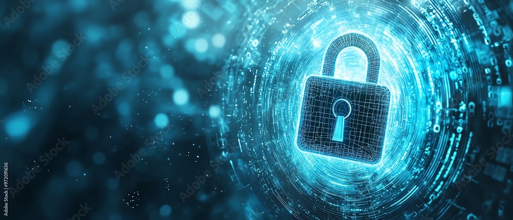 Poster cybersecurity padlock icon, digital binary stream, abstract futuristic circles, soft blue and white 