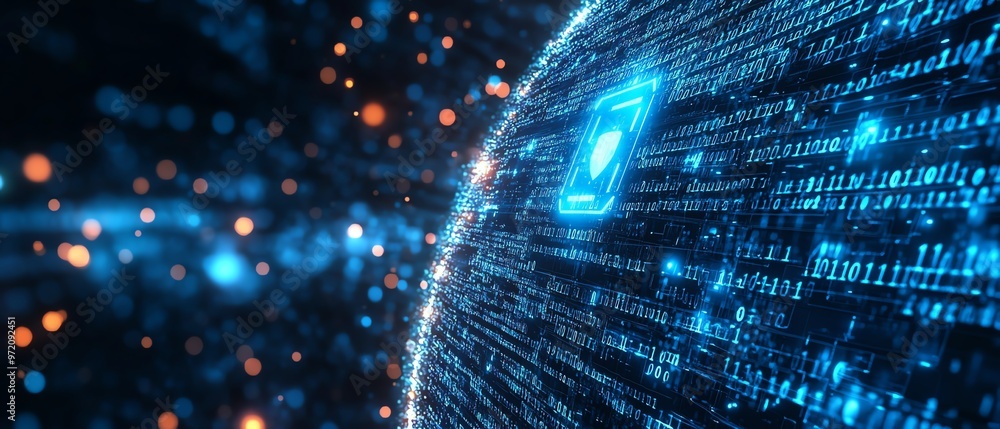 Poster digital lock icon, binary code and dynamic circles, modern blue and white background, cybersecurity 
