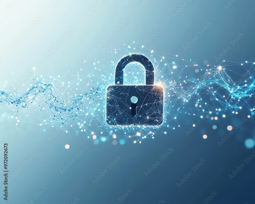 Poster digital security illustration, padlock symbol at core, interconnected data nodes, flowing network li