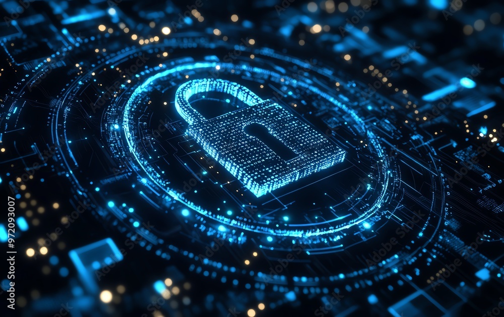 Aufkleber Futuristic padlock design, binary code matrix, glowing circles, blue and white background, representing cybersecurity