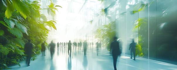 Generative AI, people in motion blur walking on green office space, futuristic ecoenvironment, modern workspace concept
