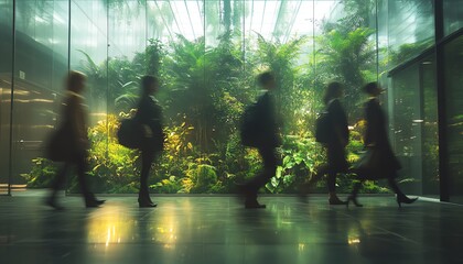Generative AI scene, people in motion walking on green office space, motion blur, sustainable environment concept