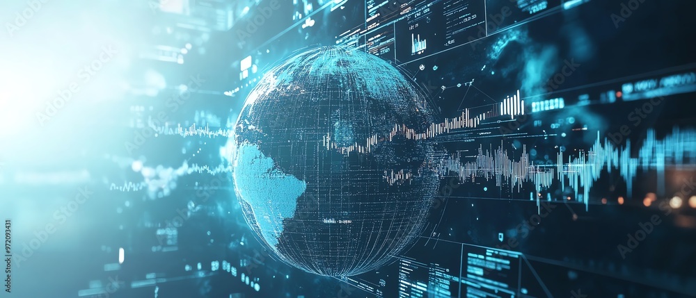 Poster Global finance visualization, digital infographic with globe, charts and data points, light blue and white backdrop, analytics and trends focus