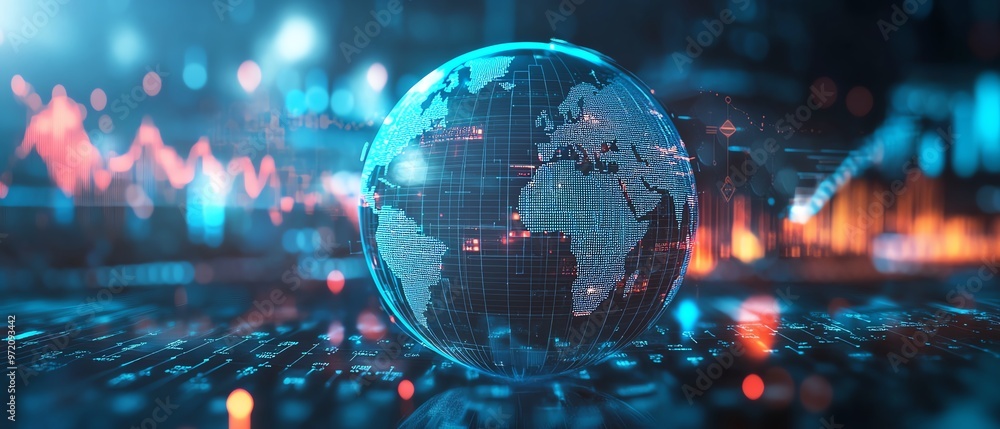 Poster Global finance visualization, digital infographic with globe, charts and data points, light blue and white backdrop, analytics and trends focus