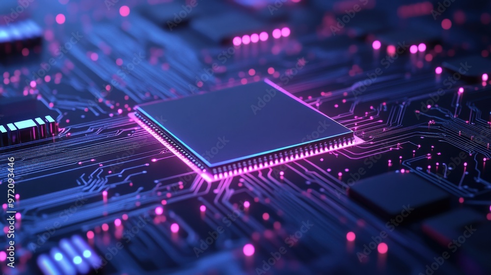 Poster a close-up view of a vibrant microchip on a circuit board, showcasing intricate details and glowing 