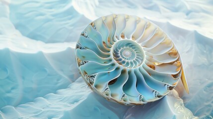 Abstract art piece featuring a nautilus shell, with a focus on its fibonacci spiral. The shell's natural beauty is a stunning focal point in this art piece.